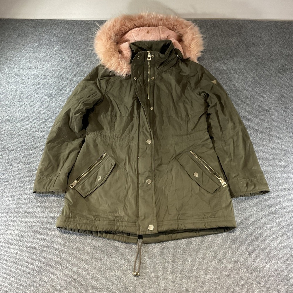 Guess Women Olive Green Parka Anorak Jacket Pink Faux Fur Hood Size M